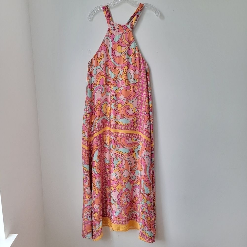 ITALIAN BRAND Colorful Pink Yellow Blue Halter Dress 100% Viscose Size 6 US